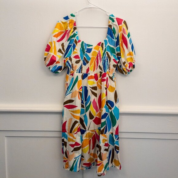 Tabitha Brown x Target Puff Sleeve Midi Dress M Colorful Leaf Print Linen Blend - Picture 2 of 4